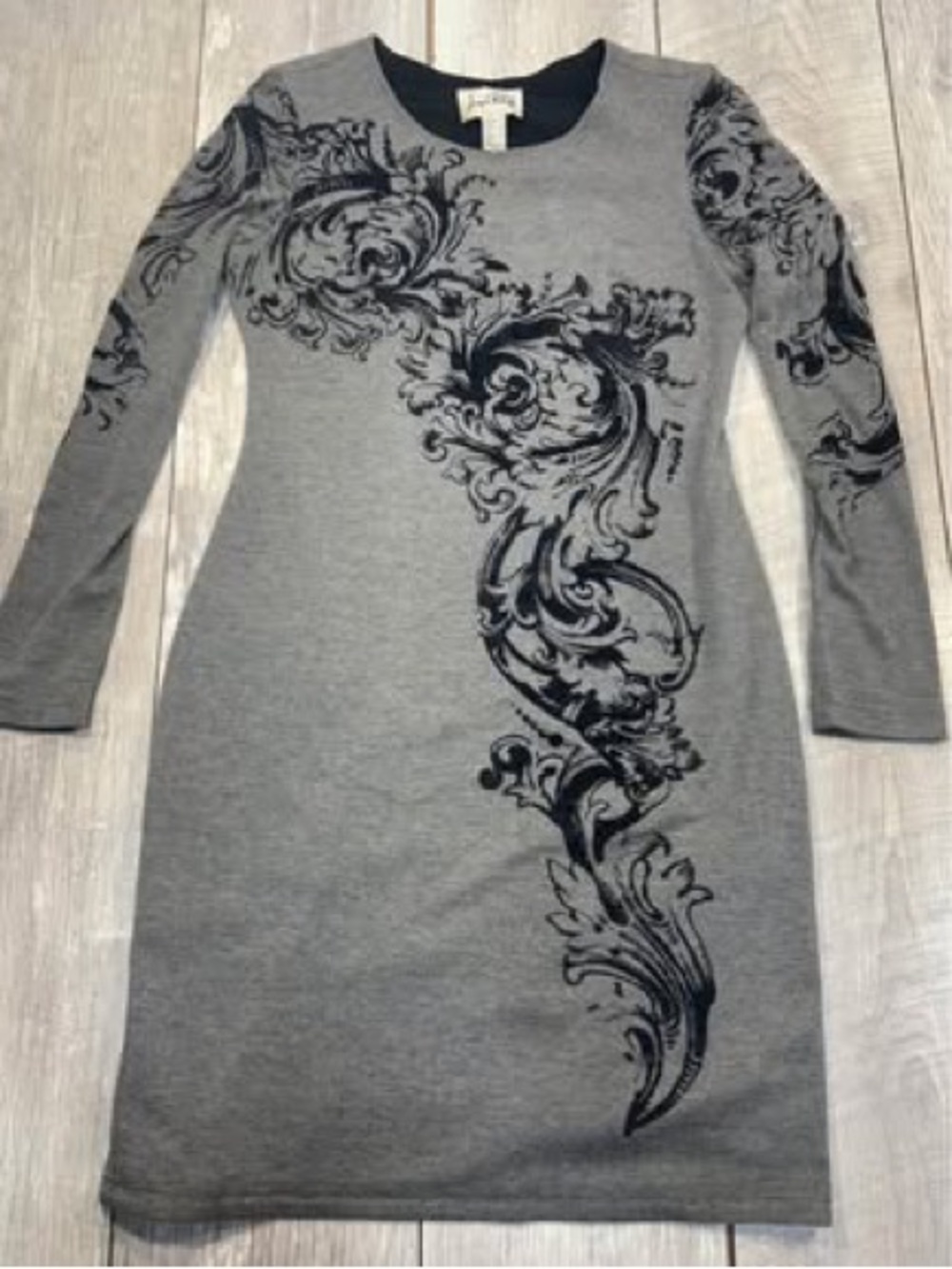 Joseph Ribkoff Gray Long Sleeve Dress with Black Scroll Motif